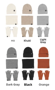 Detailed grid showing 3-piece winter set: beanie, scarf and touch gloves in six colors