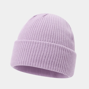 Detail of light purple ribbed knit beanie with thick texture and cuffed brim design