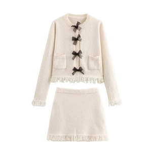 Women Knit Cardigan And Mini Skirt With Black Bows And Tassel Hem Sweet Ivory White Elegant Clothing