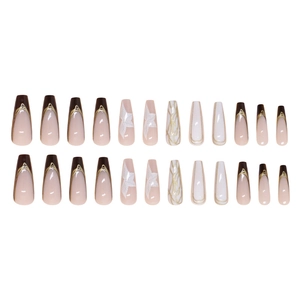 24pcs long coffin press on nails featuring white leaf prints and gold marble french design