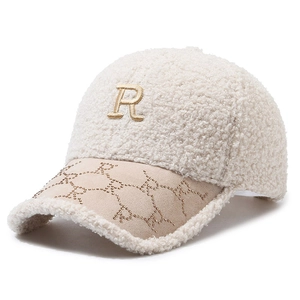 Plush teddy fleece baseball cap with gold embroidered R letter and rhinestone brim detail