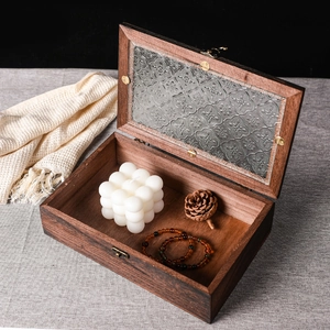 Vintage wooden storage box with embossed flower glass lid and secure metal clasp