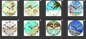 Detail view of eight vintage ocean theme wall clock patterns with seaside prints