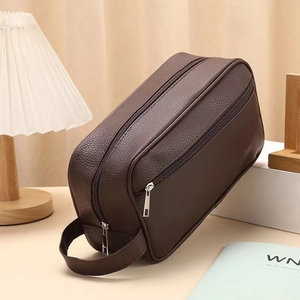 Large capacity dark brown PU leather toiletry bag for travel with textured finish