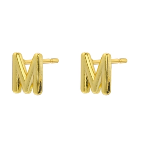 Detail view of gold-plated letter M stud earrings with polished smooth surface finish