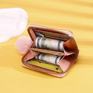 Pink PU leather short zip wallet with cute pompom charm and multi-card slots design