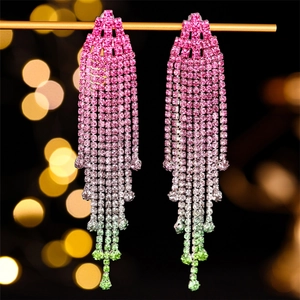 Gradient rhinestone long tassel earrings featuring vibrant pink to green dangling fringes