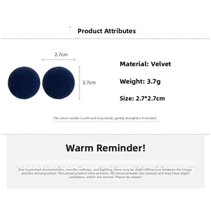 Detail view of navy blue velvet button earrings showing 2.7cm size and 3.7g weight info