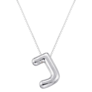 Detailed view of silver balloon initial J pendant on a sturdy box chain necklace