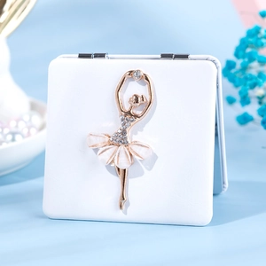 Mini PU leather makeup mirror with rhinestone ballet girl design on light blue background