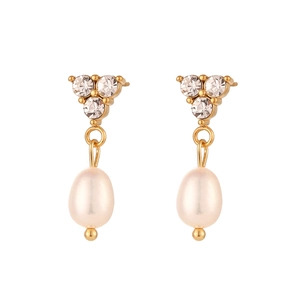 18K gold plated stainless steel hoop earrings with three crystals and freshwater pearls