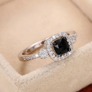 Square Black Cubic Zirconia Ring With White Micro Pave Stones Copper Based Vintage Halo Fashion Jewelry For Women