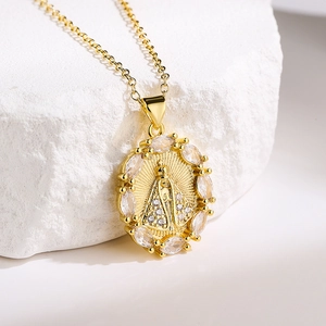 18K gold-plated necklace with a Virgin Mary pendant featuring micro-paved cubic zirconia
