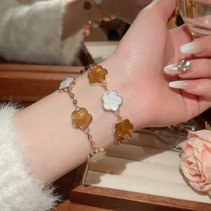 Bracelet Fleur En Alliage Rétro Femmes Élégant Émail Blanc Ambre Chaîne À Maillons Réglable