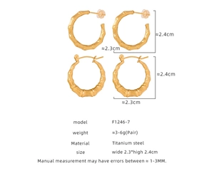 Detail view of gold-plated titanium steel earrings with bamboo texture and dimensions