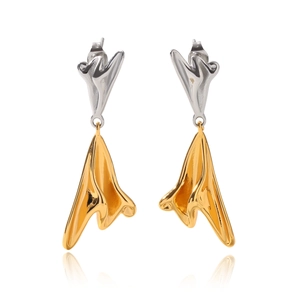 Close-up of two-tone stainless steel earrings with gold and silver geometric design