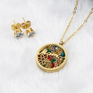 Mama Mom Letter Round Locket Necklace Earring Set 18K Gold Plated Stainless Steel Colorful Zircon Jewelry For Women