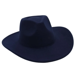 Detailed top view of a classic navy blue wool felt fedora hat with wide flat brim
