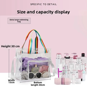 Transparent PVC beach tote dimensions showing 30x15x30 cm for large storage capacity