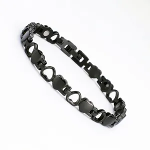 Women's black stainless steel magnetic heart link bracelet for health and fashion style