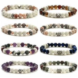 Natural Stone Beaded Bracelet Lava Rock Amethyst Tiger Eye Elastic Yoga Healing Jewelry For Men Women