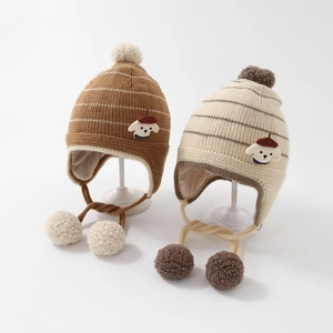 Kids Winter Knit Beanie Hat With Ear Protection Pom Poms Striped Cartoon Dog Warm Crochet Cap For Boys Girls