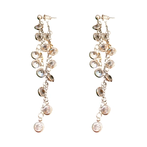 Elegant silver tassel earrings with sparkling round zirconia stones on a white background