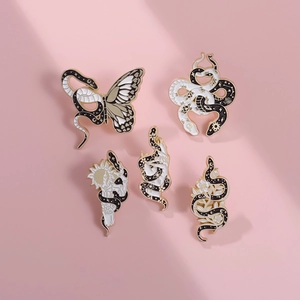 Dark style creative snake and butterfly enamel metal pins with black and white gothic designs