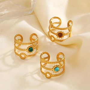 Stainless Steel Natural Stone Hollow Star Sun Open Ring Adjustable Bohemian Western Fashion Jewelry For Women