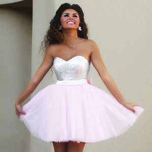 Sequin Tulle Mini Dress Strapless Sweetheart Puffy A-Line Cocktail Prom Party Gown Women Elegant Pink