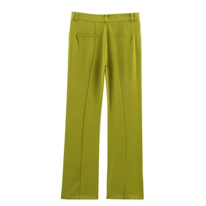 Back view of mustard green high-waisted flared trousers with elegant seam details