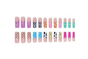 Long coffin fake nails with colorful French cow print, checkerboard and cloud patterns
