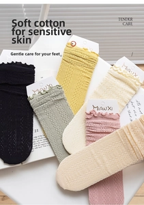 Detail of colorful镂空mesh socks with lettuce edge trim and brand packaging labels