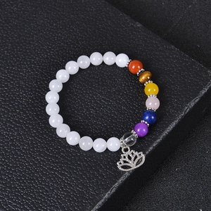 Natural stone yoga beaded bracelet with silver lotus pendant on premium black leather