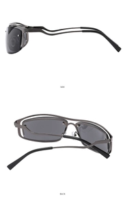 Dual view of Y2K metal sunglasses showing side profile and back frame details