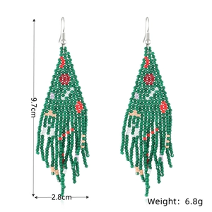 Detailed view of handmade beaded tassel earrings with Christmas tree pattern and measurements