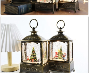 Vintage bronze Christmas lantern with Santa Claus and sparkling snow globe effect