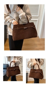 Three-angle lifestyle view of a large brown suede tote bag with stylish buckle strap