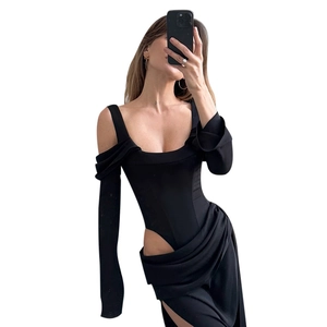 Slim fit black off-shoulder bodysuit with sexy V-neck and asymmetrical cutout design