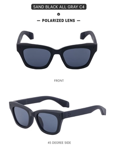 Polarized sports sunglasses in matte black with gray lenses, front and side views