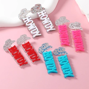 Western Cowboy Hat Howdy Dangle Earrings Acrylic Glitter Letter Cowgirl Rodeo Jewelry For Women Stainless Steel Earring Post