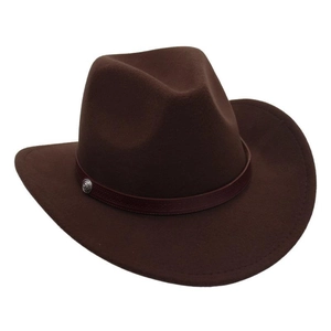 Detail view of coffee brown felt cowboy hat featuring leather strap and metal buckle