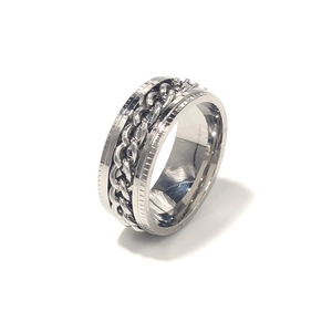 Close-up of rotatable silver stainless steel chain ring with gear-like anti-slip edges