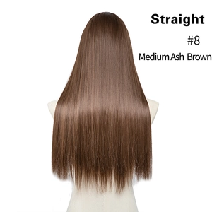 Macro view showing straight medium ash brown synthetic hair extension on mannequin head