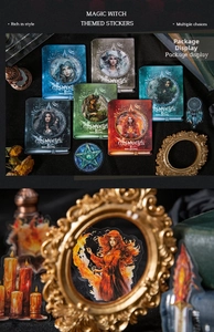 Close-up of vintage grimoire witch stickers with dark magical themed illustrations