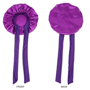 Front and back detail of purple satin hair bonnet with long elastic straps for hair care