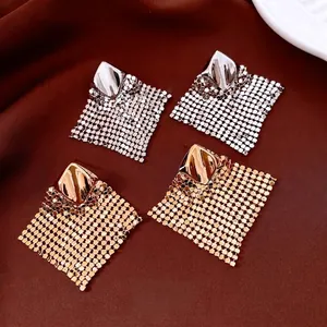 Vintage Geometric Rhombic Stud Earrings 18K Gold Plated Copper Metal Mesh Tassel Jewelry For Women With Silver Earring Post