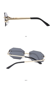 Detailed side and back views of rimless octagonal sunglasses with gold metal frame