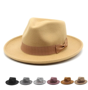 Vintage Woolen Felt Fedora Hat For Women Men Classic Bowknot Ribbon Wide Brim Jazz Hat Autumn Winter Warm Church Cap