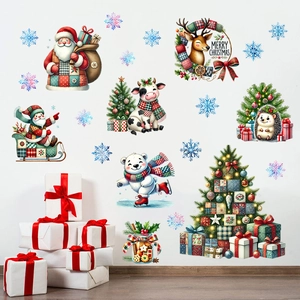 Christmas Wall Stickers PVC Waterproof Cartoon Santa Claus Reindeer Tree Decals For Home Holiday Window Decor